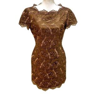 Rimini by Shaw bronze metallic embroidered short sleeve dress scalloped hems 8